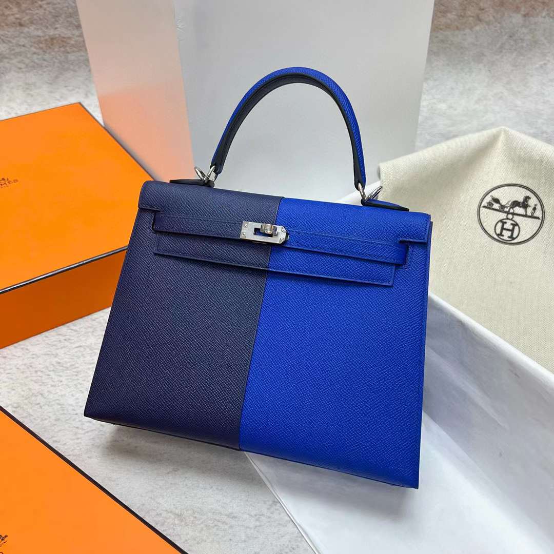 Hermès（爱马仕）Kelly 凯莉包 Epsom 三拼色 Ck73 宝石蓝 拼 O8 法国蓝 内拼 金棕色 银扣 25cm 全手工蜡线缝制 Phw