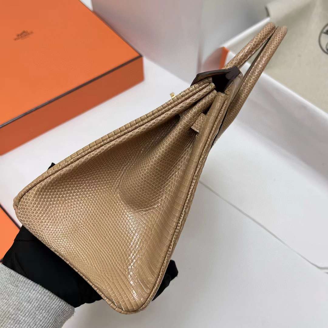 Hermès（爱马仕）Birkin 铂金包 Lizard 进口蜥蜴皮 杏色 金扣 25cm 全手工蜡线缝制 Ghw