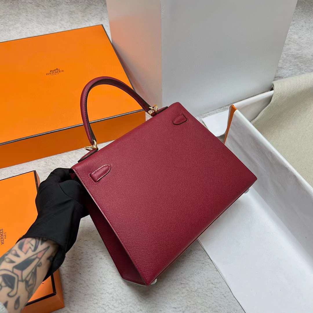 Hermès（爱马仕）Kelly 凯莉包 Epsom K1 石榴红 金扣 25cm 全手工蜡线缝制 Ghw