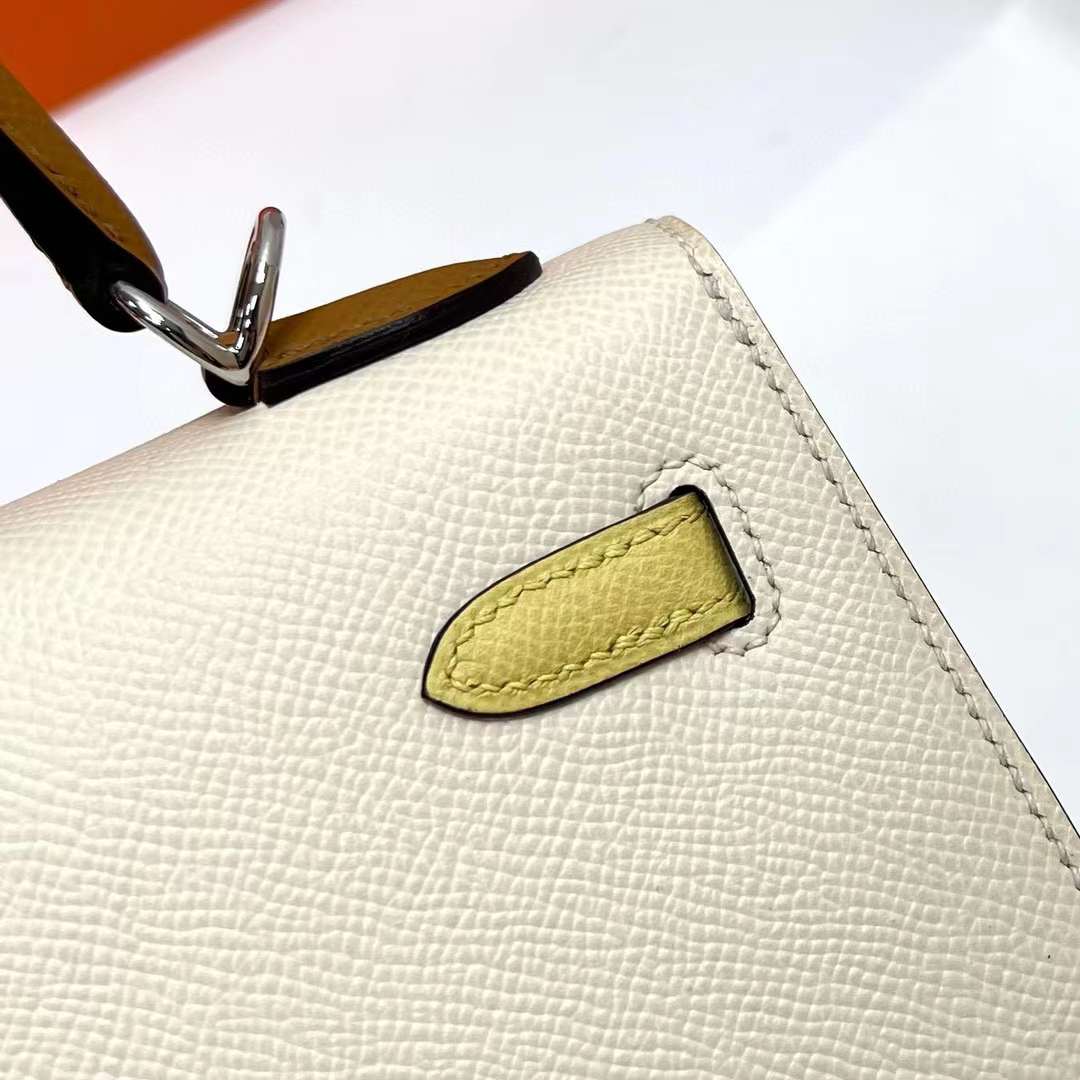 Hermès（爱马仕）Kelly 凯莉包 Epsom i2 奶油白 拼 1z 小鸡黄 拼 2S 芝麻色 银扣 25cm 全手工蜡线缝制
