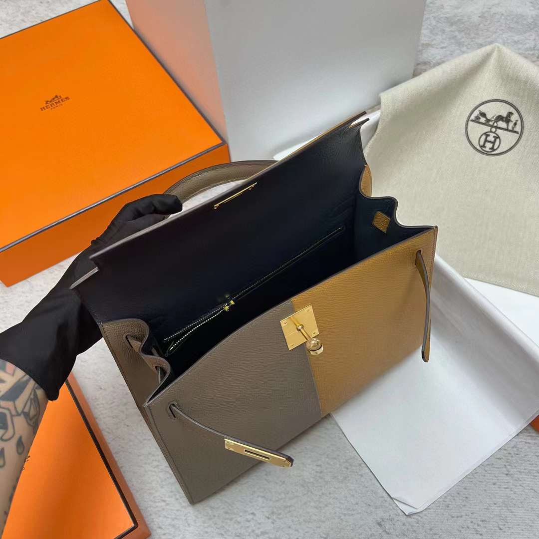 Hermès（爱马仕）Kelly 凯莉包 Epsom 三拼色 Ck18 大象灰 拼 2S 芝麻色 内拼 深海蓝 金扣 28cm 全手工蜡线缝制 Ghw