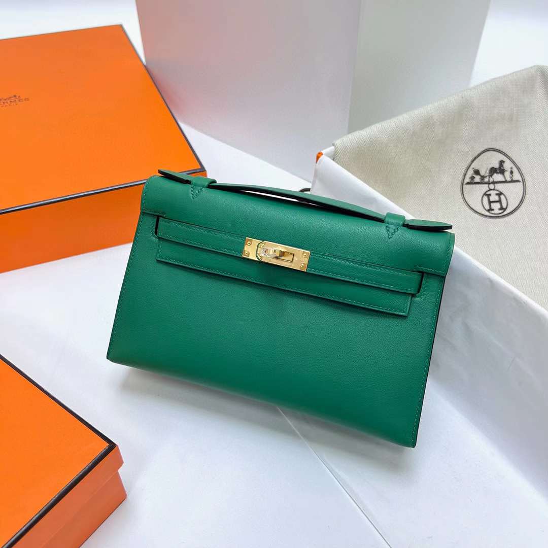 Hermès（爱马仕）Mini Kelly Pochette Swift U4 丝绒绿 金扣 22cm 全手工蜡线缝制 Ghw
