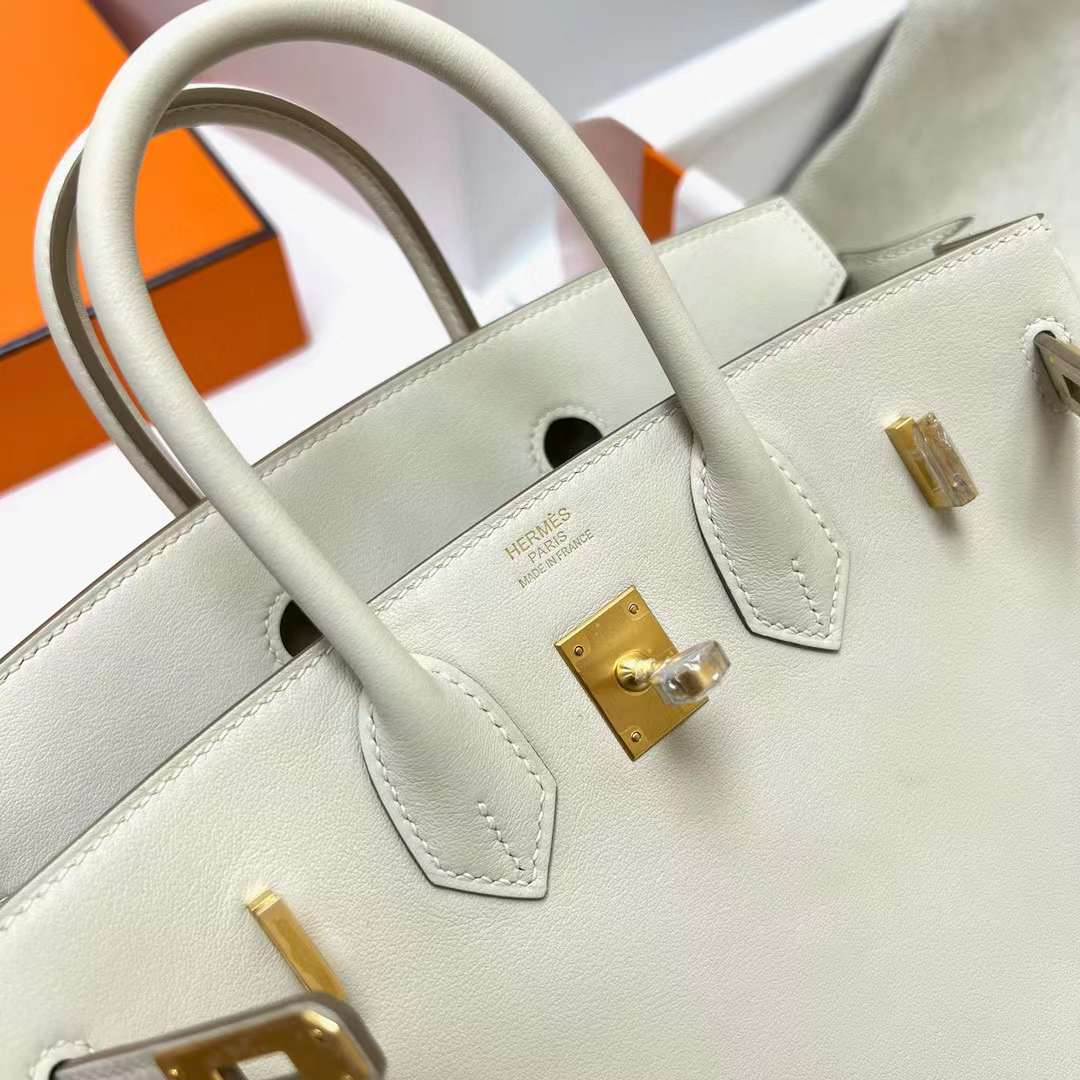 Hermès（爱马仕）Birkin 铂金包 Swift Ck10 奶昔白 金扣 25cm 全手工蜡线缝制 Ghw