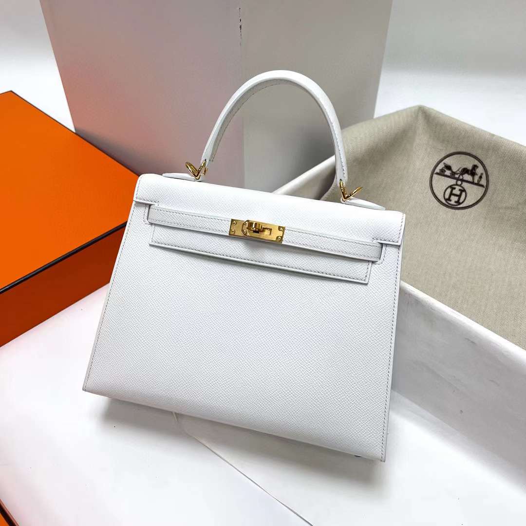 Hermès（爱马仕）Kelly 凯莉包 Epsom 01 纯白 金扣 25cm 全手工蜡线缝制 Ghw