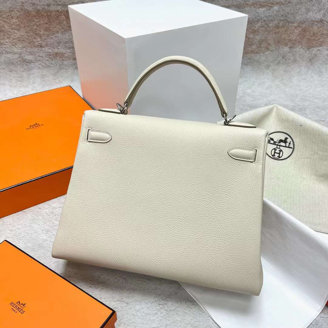 Hermès（爱马仕）Kelly Togo 御用原厂顶级小牛皮 Ck10 奶昔白 银扣 32cm 全手工蜡线缝制 Phw