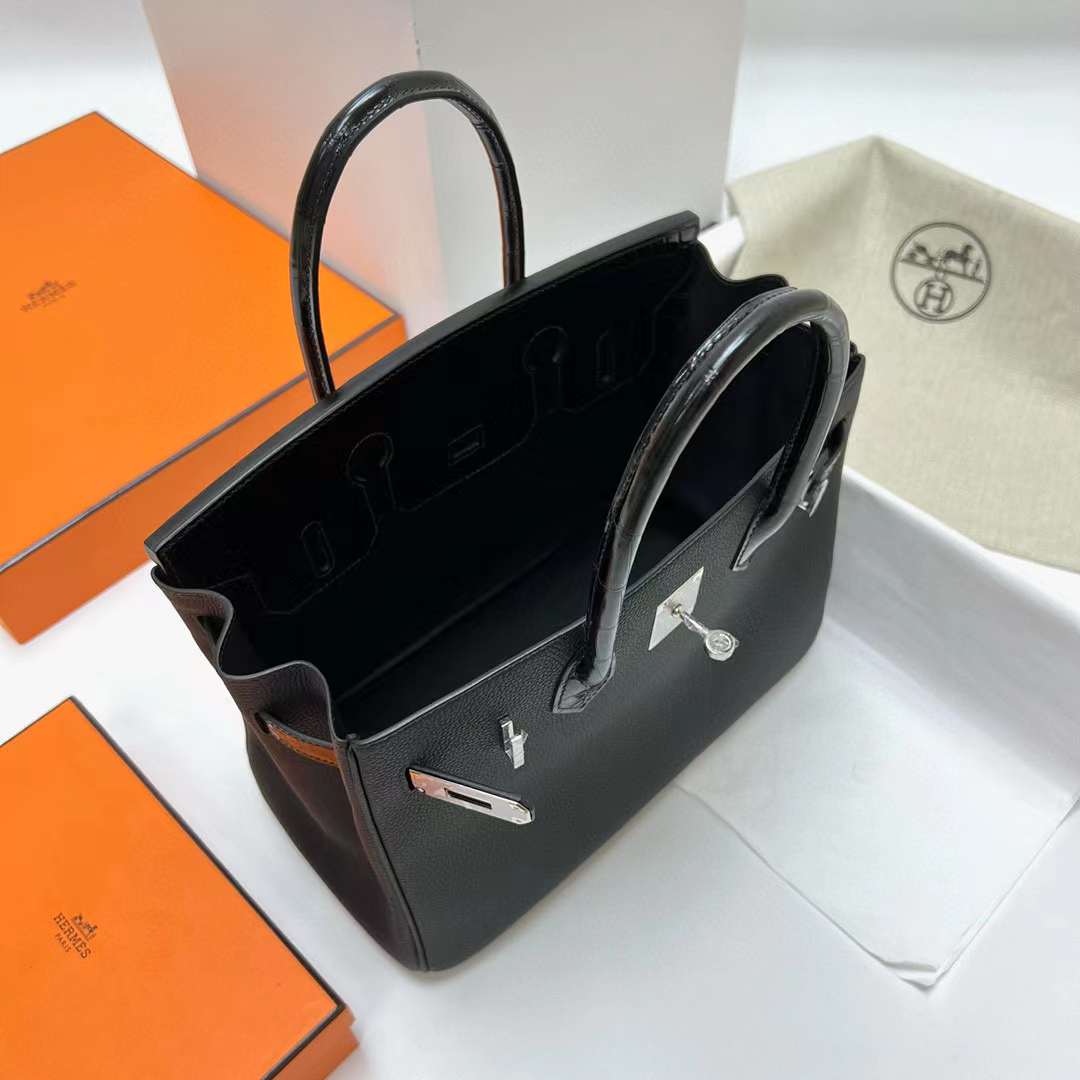 Hermès（爱马仕）Birkin 铂金包 Touch Togo 拼 亮面尼罗鳄鱼 Ck89 黑色 银扣 30cm 全手工蜡线缝制 Phw