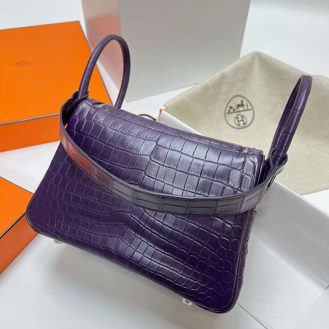 Hermès（爱马仕）Lindy 琳迪包 雾面尼罗鳄鱼 Matte Nilo Crocodile Ck95 葡萄紫 银扣 26cm 全手工蜡线缝制 Phw
