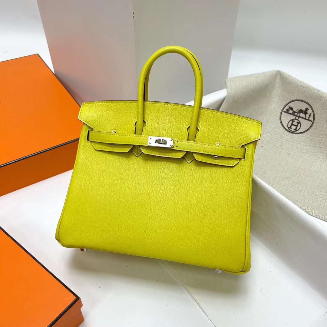 Hermès（爱马仕）Birkin 铂金包 Chevre 进口山羊皮 9R 柠檬黄 银扣 25cm 全手工蜡线缝制 Phw