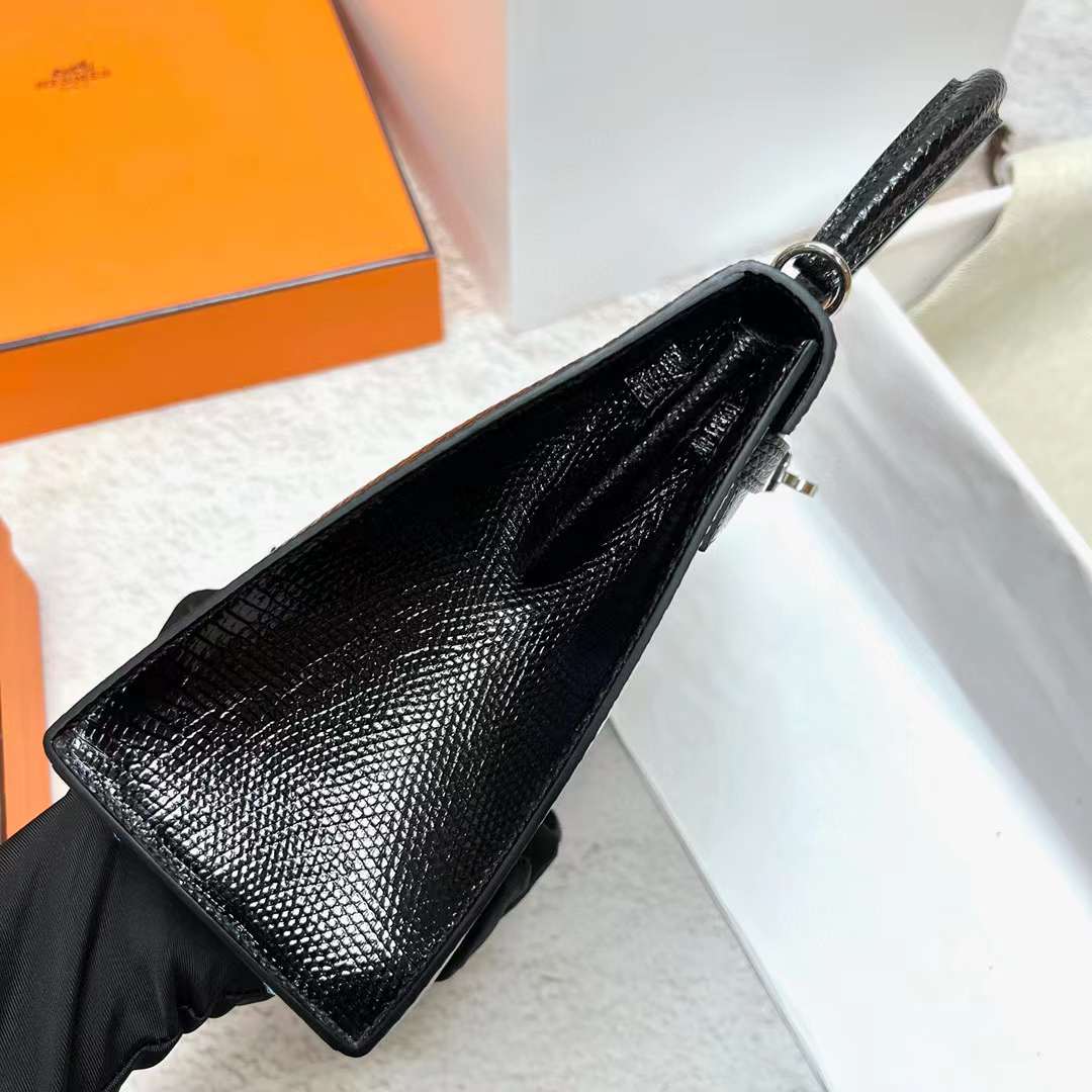Hermès（爱马仕）Kelly 凯莉包 Lizard 进口蜥蜴皮 Ck89 黑色 银扣 25cm 全手工蜡线缝制 Phw