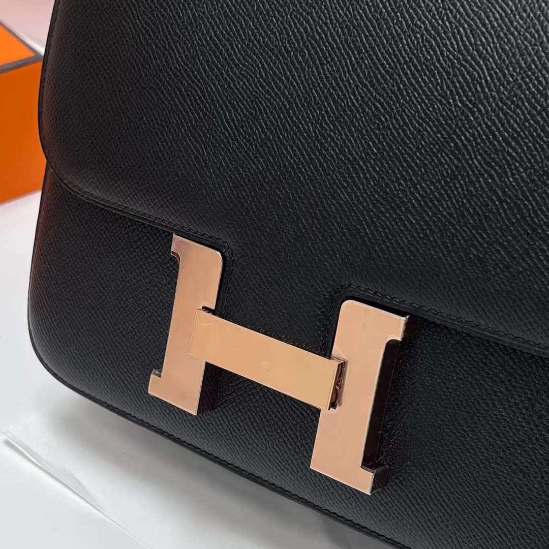 Hermès（爱马仕）Constance 空姐包 Epsom Ck89 黑色 玫瑰金扣 24cm 全手工蜡线缝制 RGhw