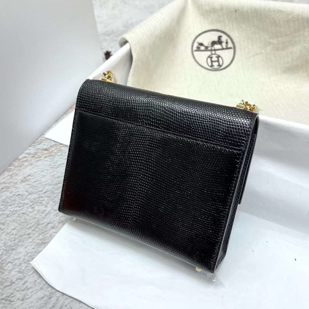 Hermès（爱马仕）Verrou 机枪包 Lizard 进口蜥蜴皮 Ck89 黑色 金扣 17.5cm 全手工蜡线缝制 Ghw