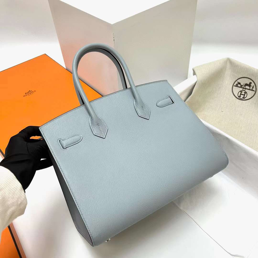 Hermès（爱马仕）Birkin 铂金包 Chevre 山羊皮 8U 冰川蓝 银扣 30cm 全手工蜡线缝制 Phw