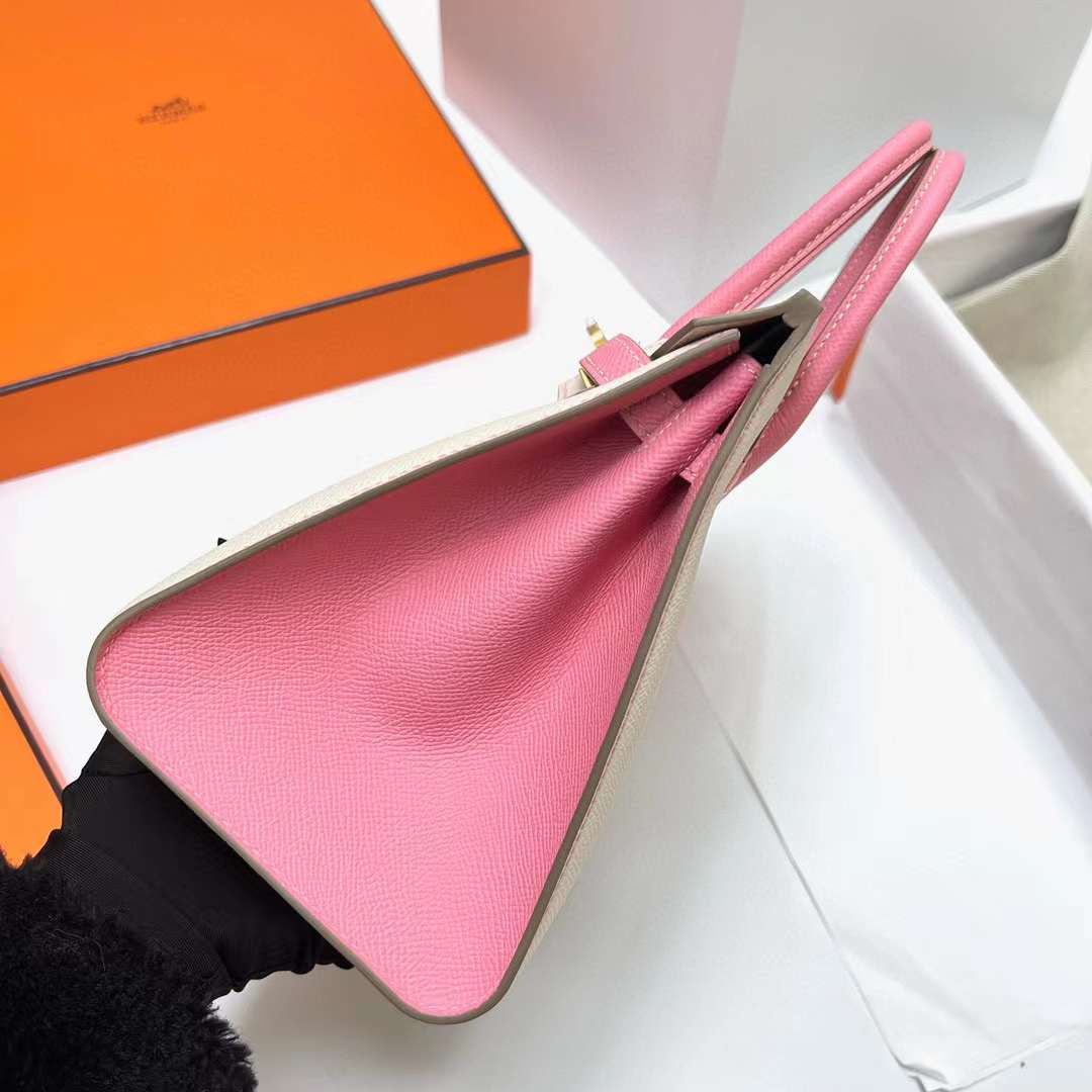 Hermès（爱马仕）Birkin 铂金包 Sellier Epsom Ck10 奶昔白 拼 1Q 奶昔粉 拉丝金扣 25cm 全手工蜡线缝制 Mghw