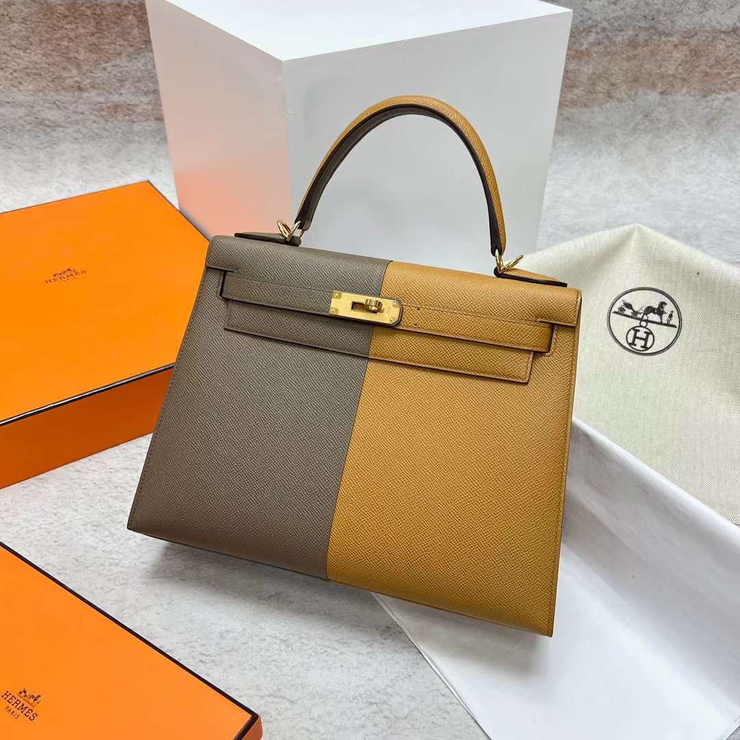 Hermès（爱马仕）Kelly 凯莉包 Epsom 三拼色 Ck18 大象灰 拼 2S 芝麻色 内拼 深海蓝 金扣 28cm 全手工蜡线缝制 Ghw