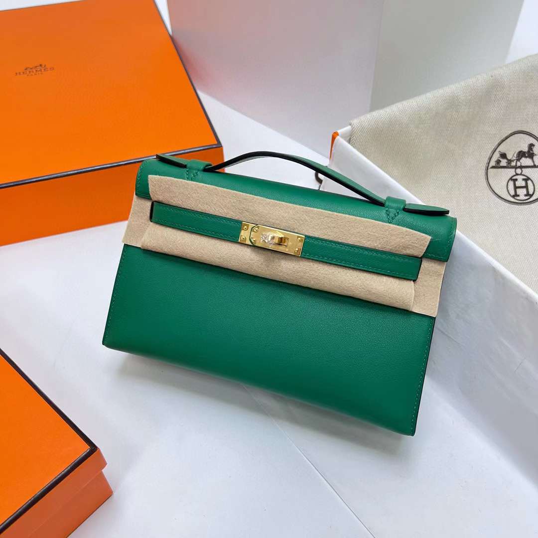 Hermès（爱马仕）Mini Kelly Pochette Swift U4 丝绒绿 金扣 22cm 全手工蜡线缝制 Ghw