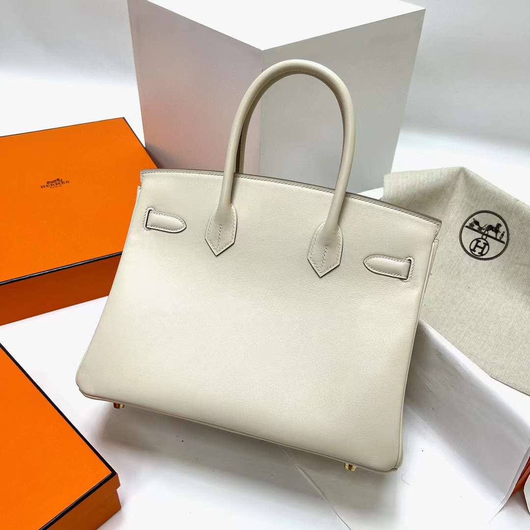 Hermès（爱马仕）Birkin 铂金包 Swift皮 Ck10 奶昔白 金扣 30cm 全手工蜡线缝制 Ghw