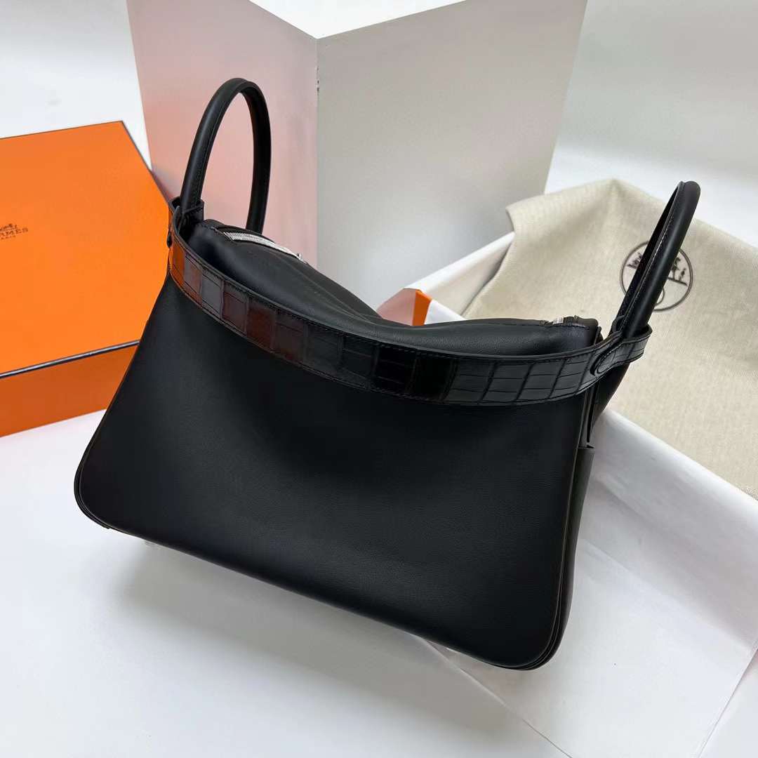 Hermès（爱马仕）Lindy 琳迪包 Touch Swift 拼 雾面尼罗鳄鱼 Ck89 黑色 银扣 30cm 全手工蜡线缝制 Phw