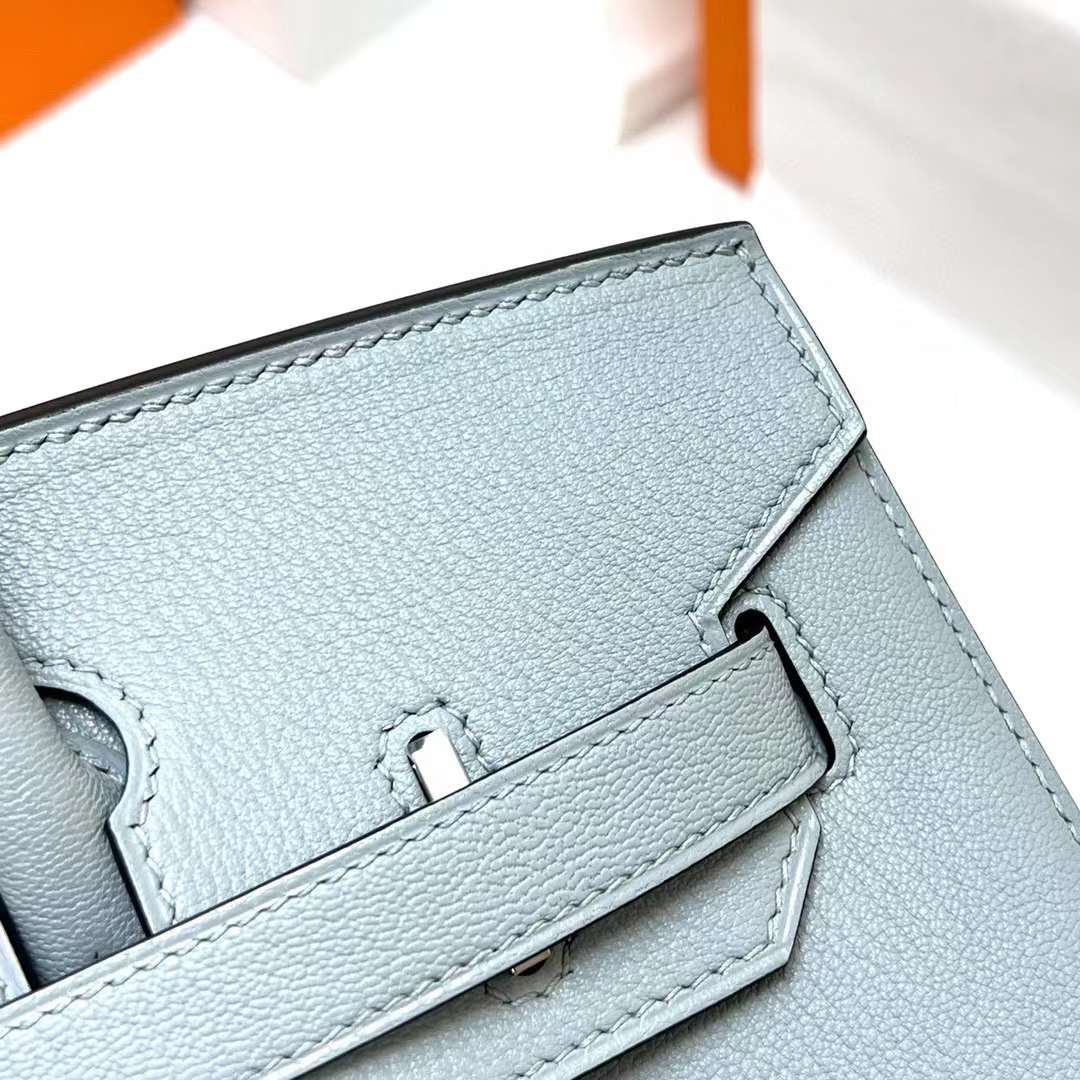Hermès（爱马仕）Birkin 铂金包 Chevre 山羊皮 8U 冰川蓝 银扣 30cm 全手工蜡线缝制 Phw