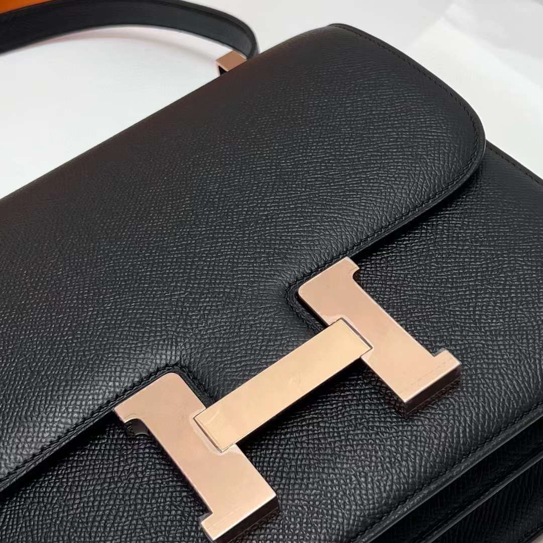 Hermès（爱马仕）Constance 空姐包 Epsom Ck89 黑色 玫瑰金扣 24cm 全手工蜡线缝制 RGhw