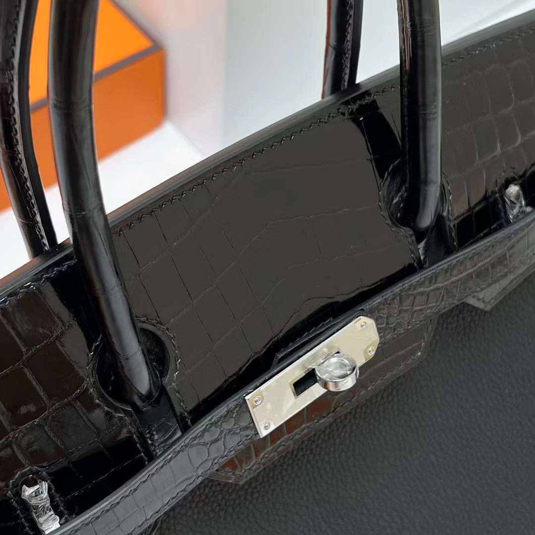 Hermès（爱马仕）Birkin 铂金包 Touch Togo 拼 亮面尼罗鳄鱼 Ck89 黑色 银扣 30cm 全手工蜡线缝制 Phw