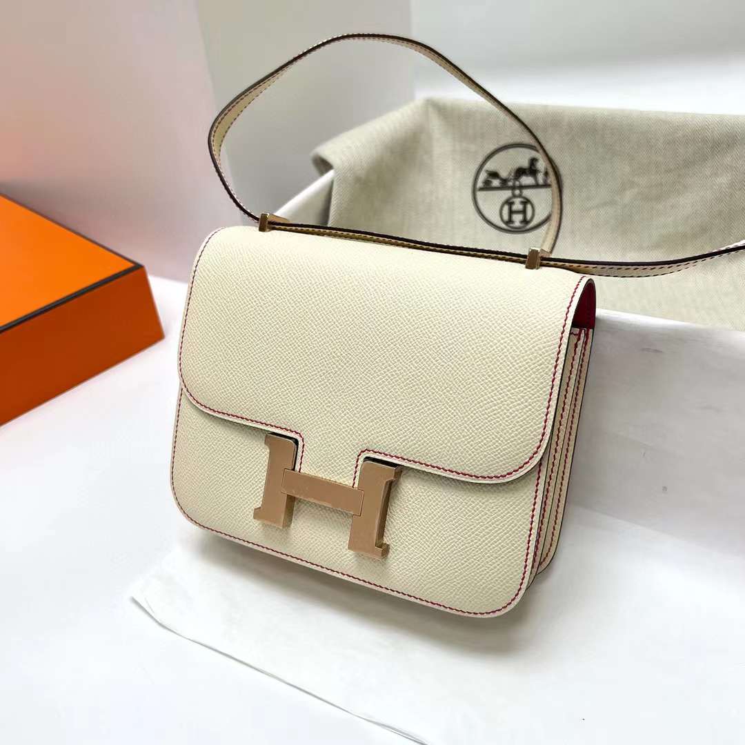 Hermès（爱马仕）Constance 空姐包 Epsom i2 奶油白 内拼 墨西哥粉 玫瑰金扣 19cm 全手工蜡线缝制 Rghw