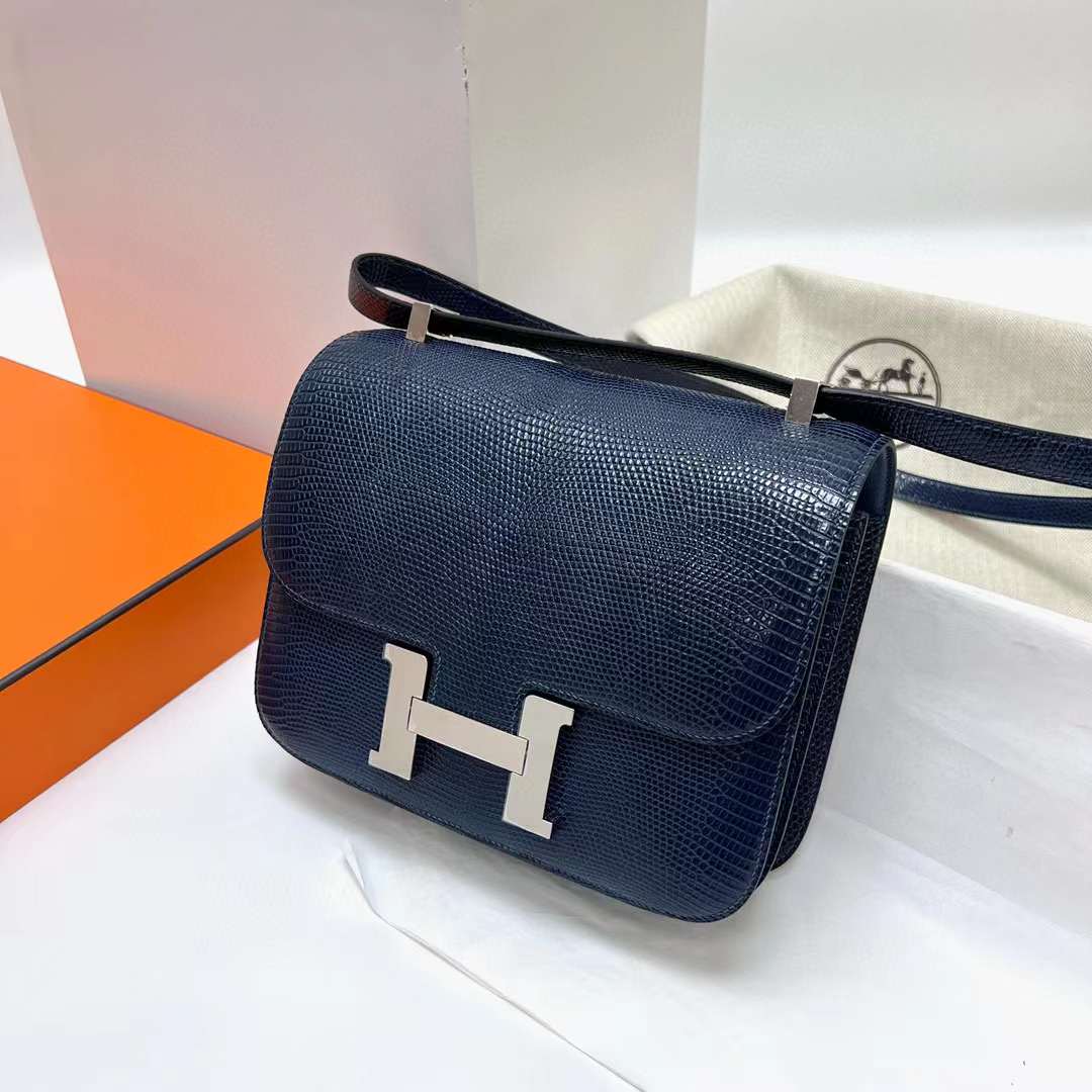 Hermès（爱马仕）Constance 康康 Lizard 进口蜥蜴皮 7L 马耳他蓝 银扣 24cm 全手工蜡线缝制 Phw