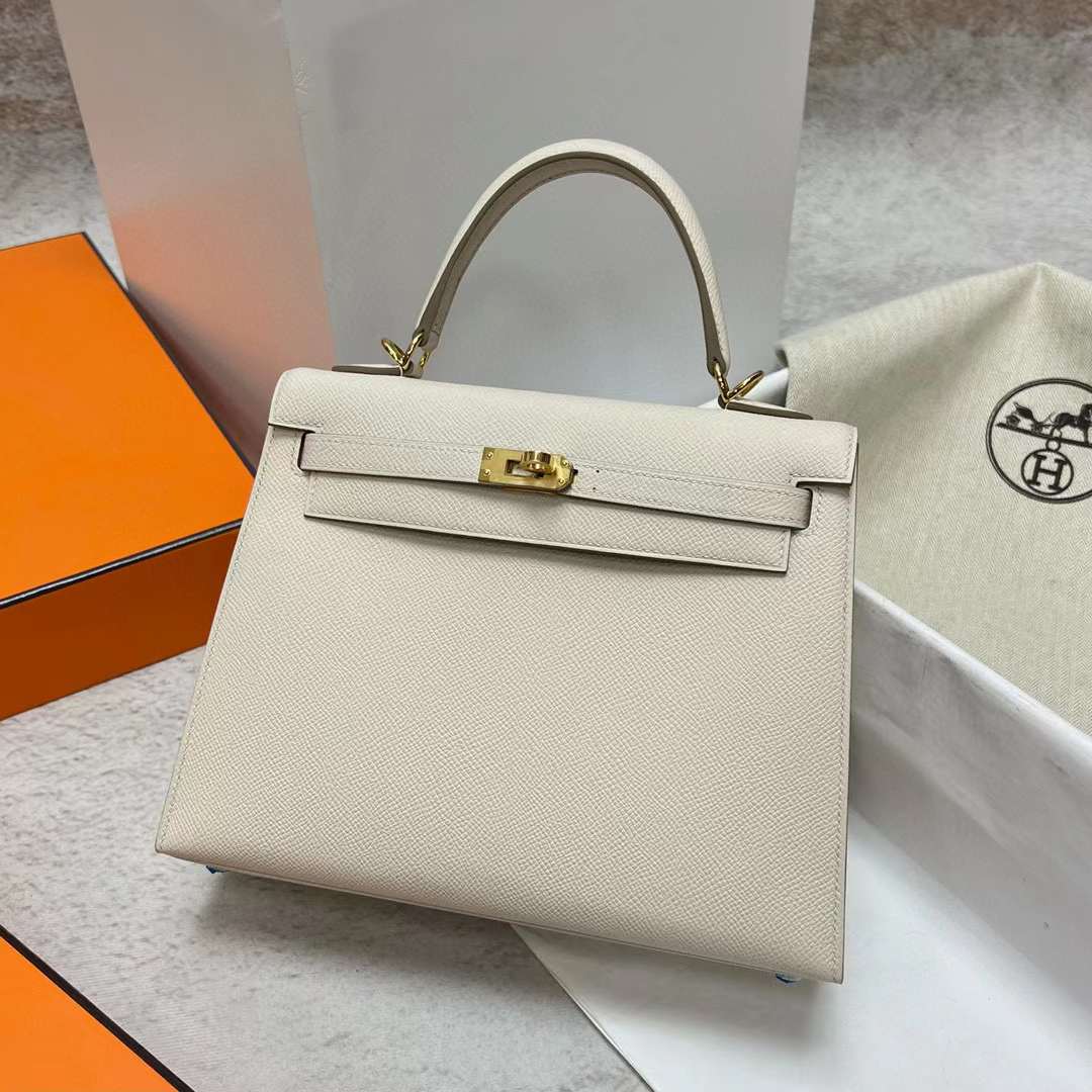 Hermès（爱马仕）Kelly 凯莉包 Epsom Ck10 奶昔白 金扣 25cm 全手工蜡线缝制 Ghw