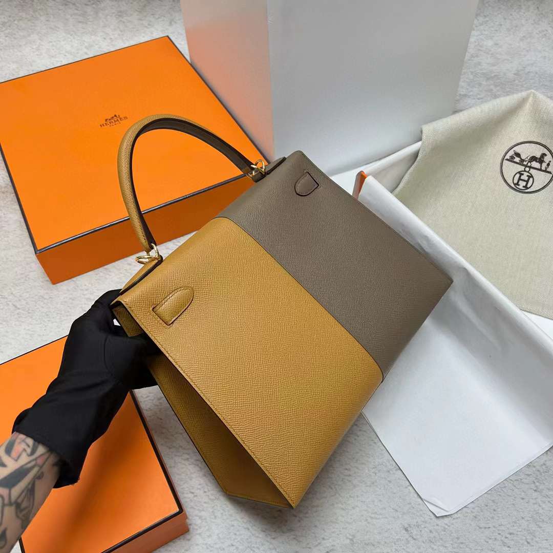 Hermès（爱马仕）Kelly 凯莉包 Epsom 三拼色 Ck18 大象灰 拼 2S 芝麻色 内拼 深海蓝 金扣 28cm 全手工蜡线缝制 Ghw
