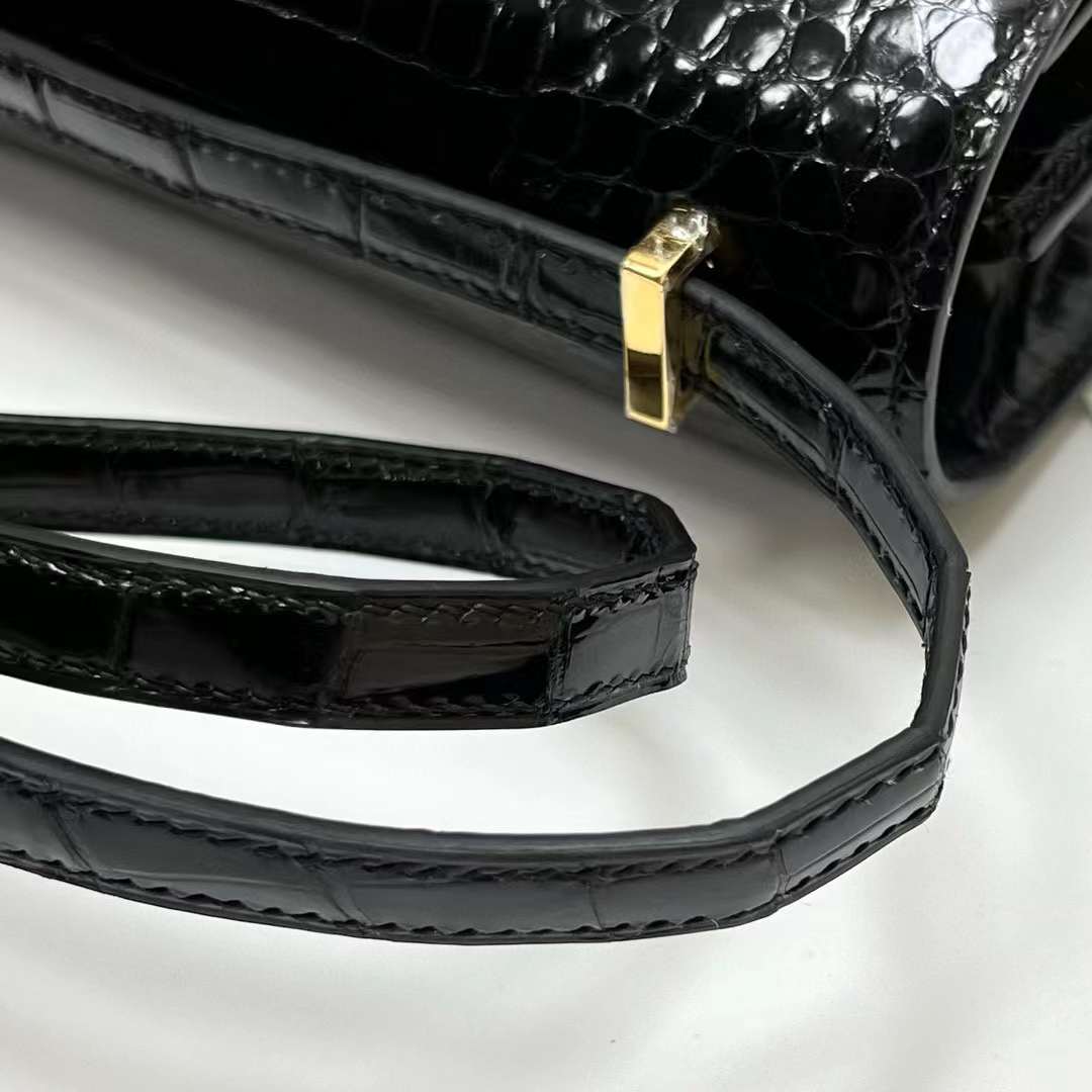 Hermès（爱马仕）Constance elan 亮面倒v澳洲湾鳄鱼 shiny porosus crocodile Ck89 黑色 金扣 26cm 全手工蜡线缝制