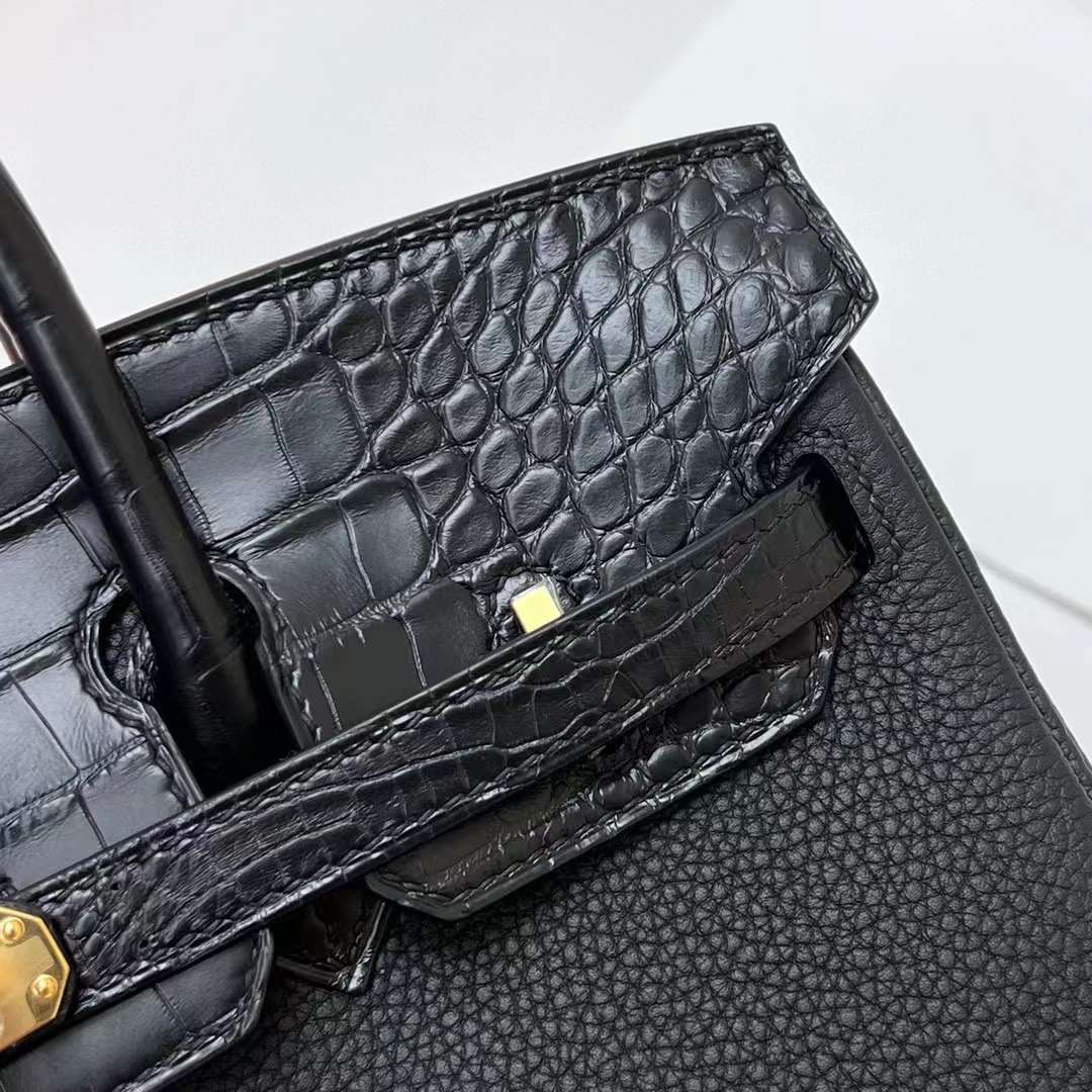 Hermès（爱马仕）Birkin 铂金包 Touch Togo & 雾面美洲鳄 Ck89 黑色 金扣 25cm 全手工蜡线缝制 Ghw