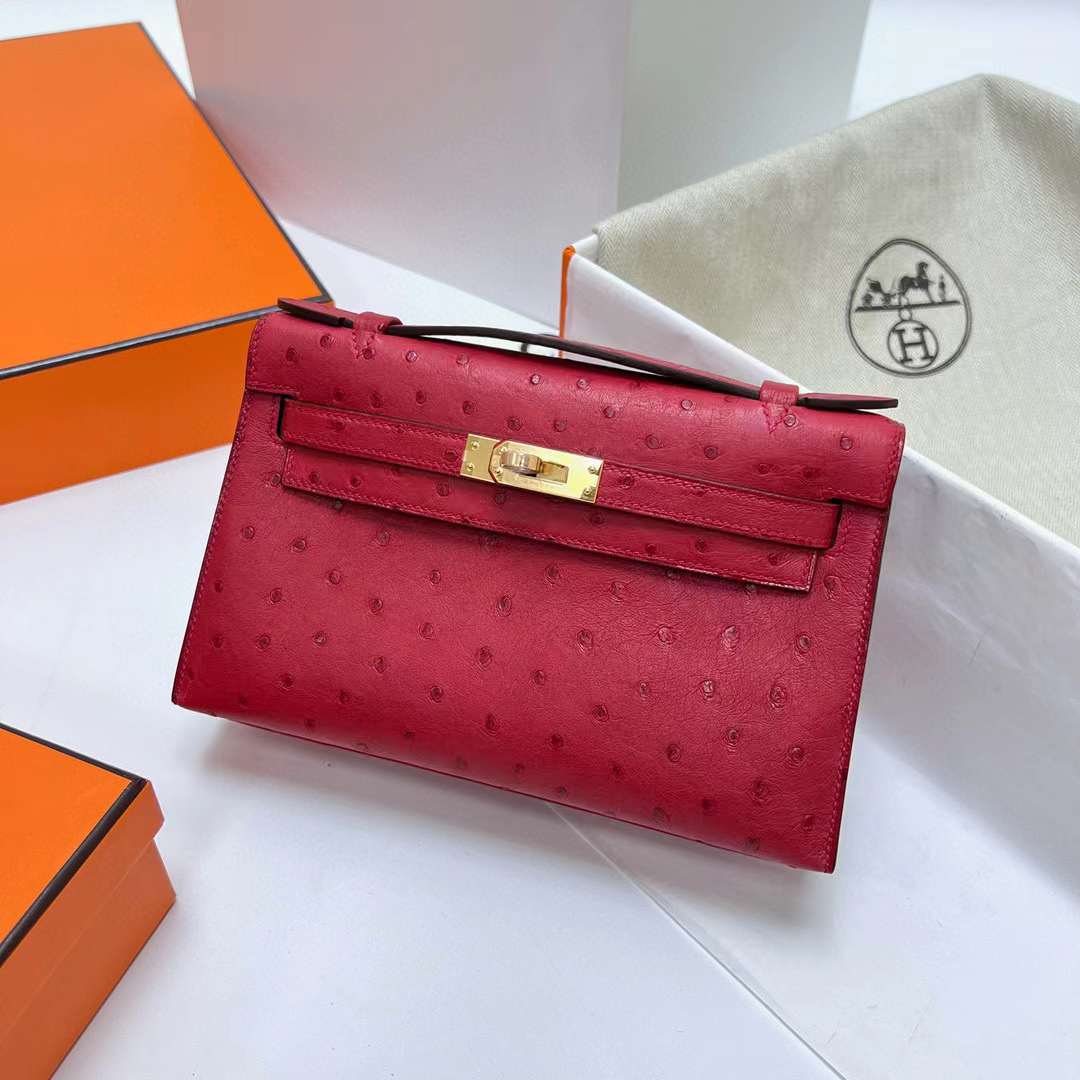 Hermès（爱马仕）Mini Kelly Pochette Ostrich 鸵鸟皮 Ck53 大红色 金扣 22cm 全手工蜡线缝制 Ghw