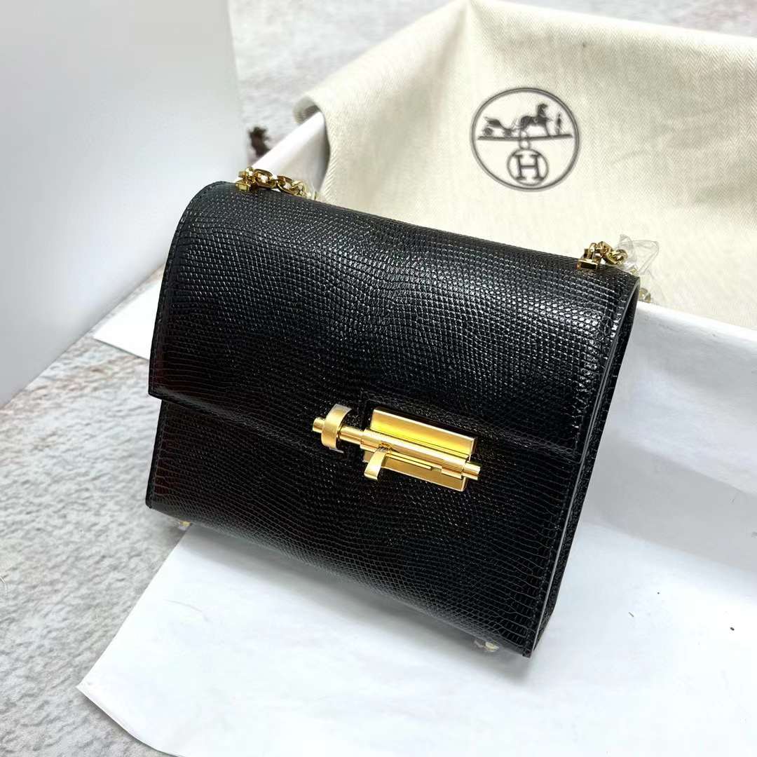 Hermès（爱马仕）Verrou 机枪包 Lizard 进口蜥蜴皮 Ck89 黑色 金扣 17.5cm 全手工蜡线缝制 Ghw