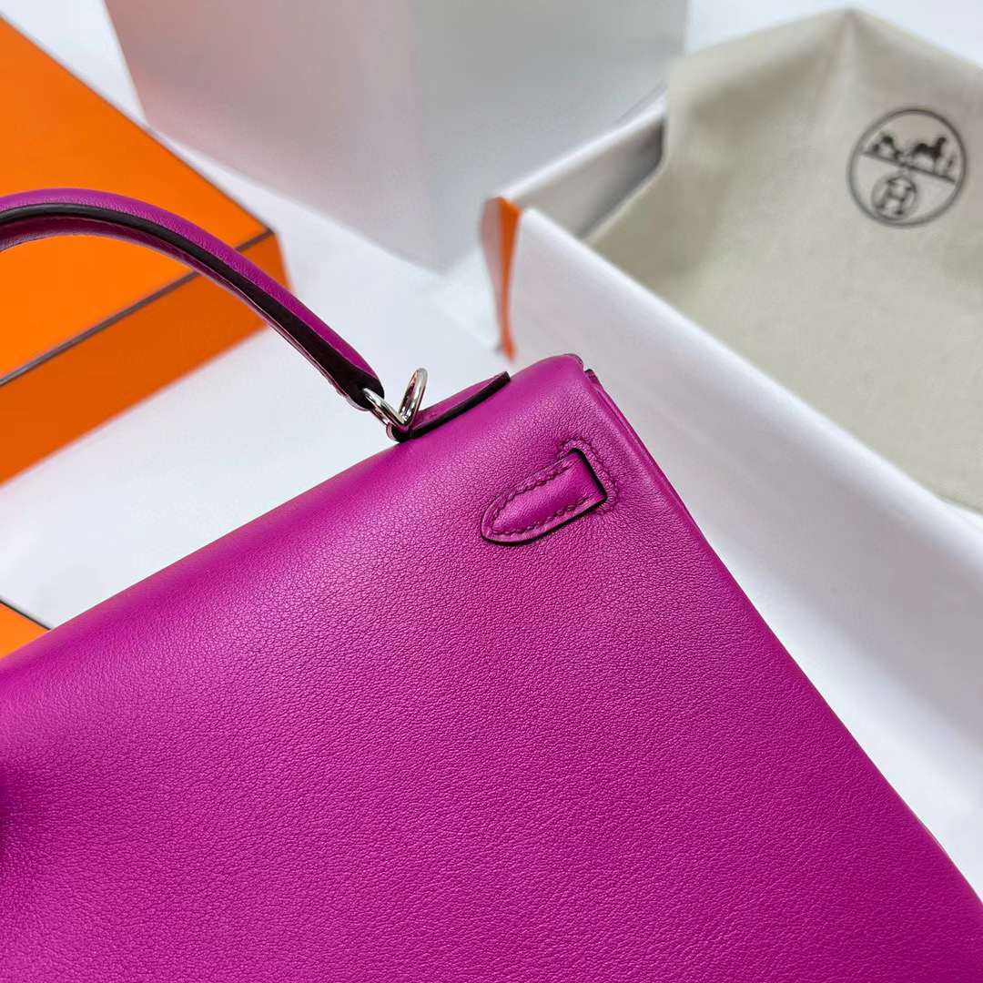 Hermès（爱马仕）Kelly 凯莉包 Swift皮 L3 玫瑰紫 银扣 25cm 全手工蜡线缝制 Phw