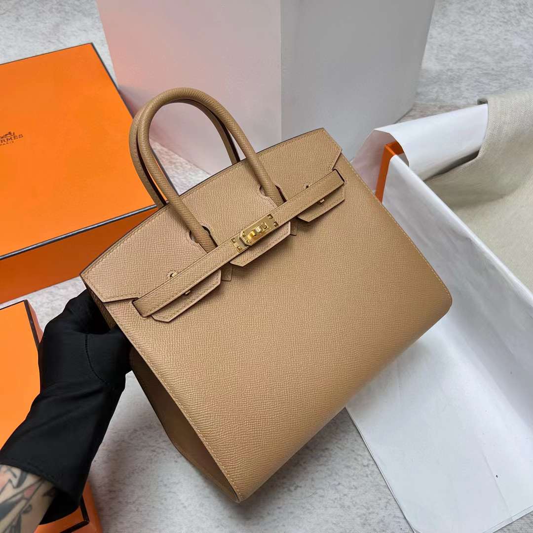 Hermès（爱马仕）Birkin 铂金包 Sellier Epsom 0M 奶茶色 金扣 25cm 全手工蜡线缝制 Ghw