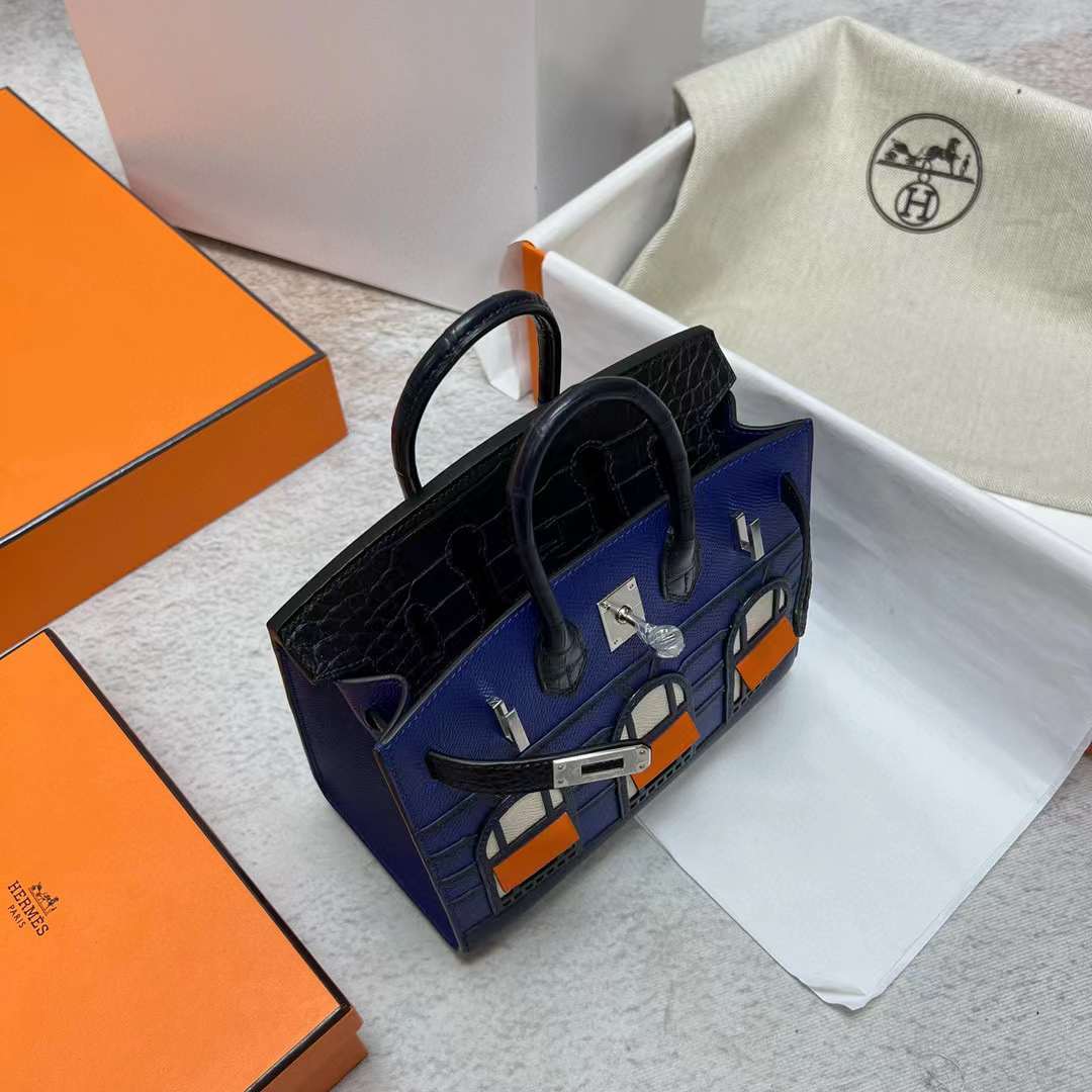 Hermès（爱马仕）Birkin 铂金包 限量版 蓝色小房子 银扣 20cm 全手工蜡线缝制 Phw