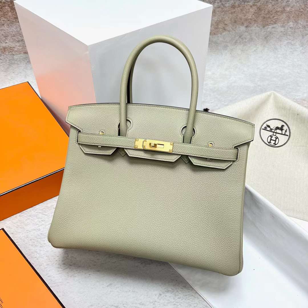Hermès（爱马仕）Birkin 铂金包 Togo皮 Q1 鼠尾草绿 金扣 30cm 全手工蜡线缝制 Ghw