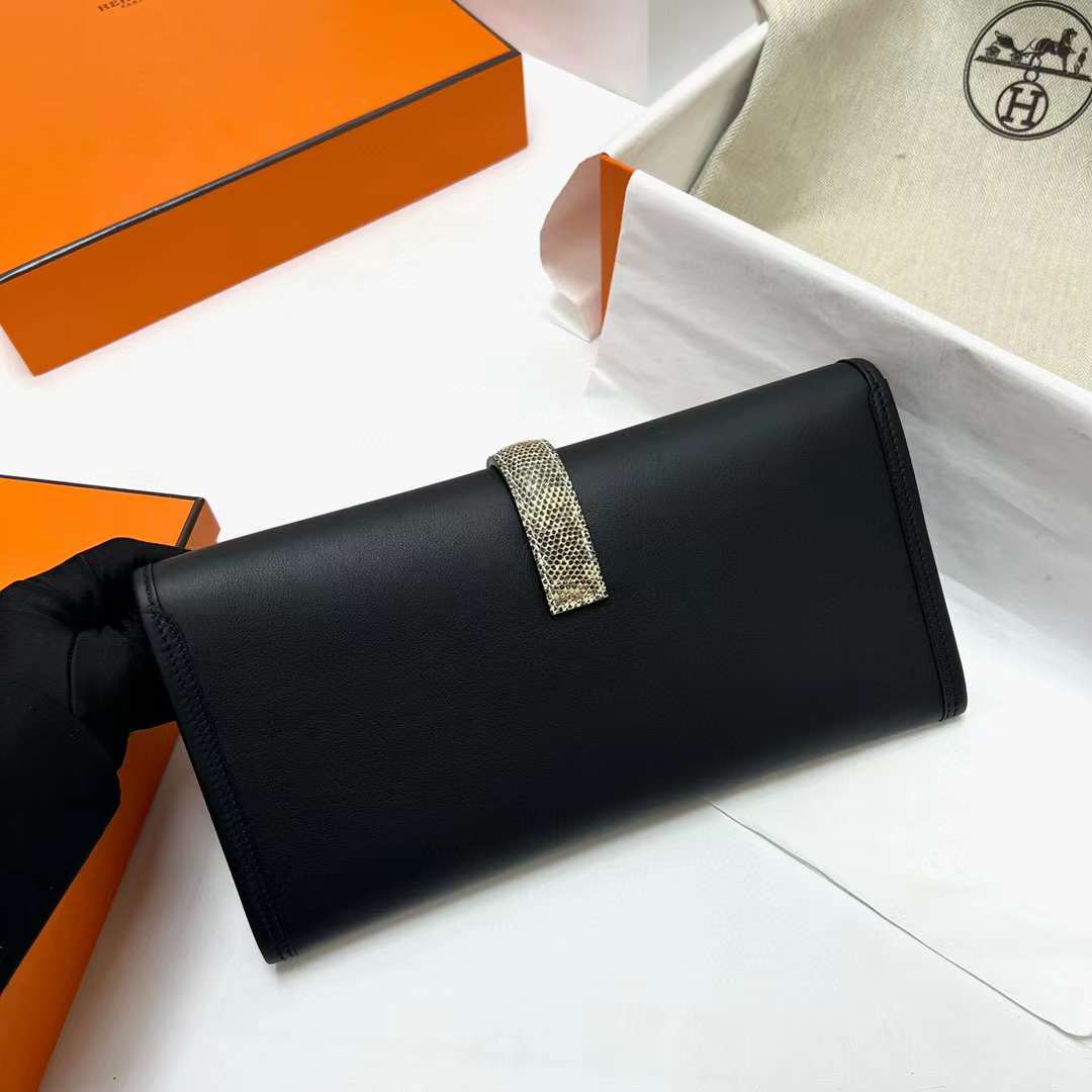 Hermès（爱马仕）Jige 手包 Swift Ck89 黑色 自然色蜥蜴扣 29cm 全手工蜡线缝制
