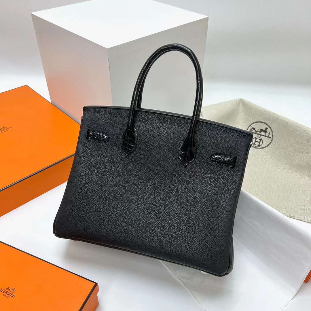 Hermès（爱马仕）Birkin 铂金包 Touch Togo 拼 亮面尼罗鳄鱼 Ck89 黑色 银扣 30cm 全手工蜡线缝制 Phw