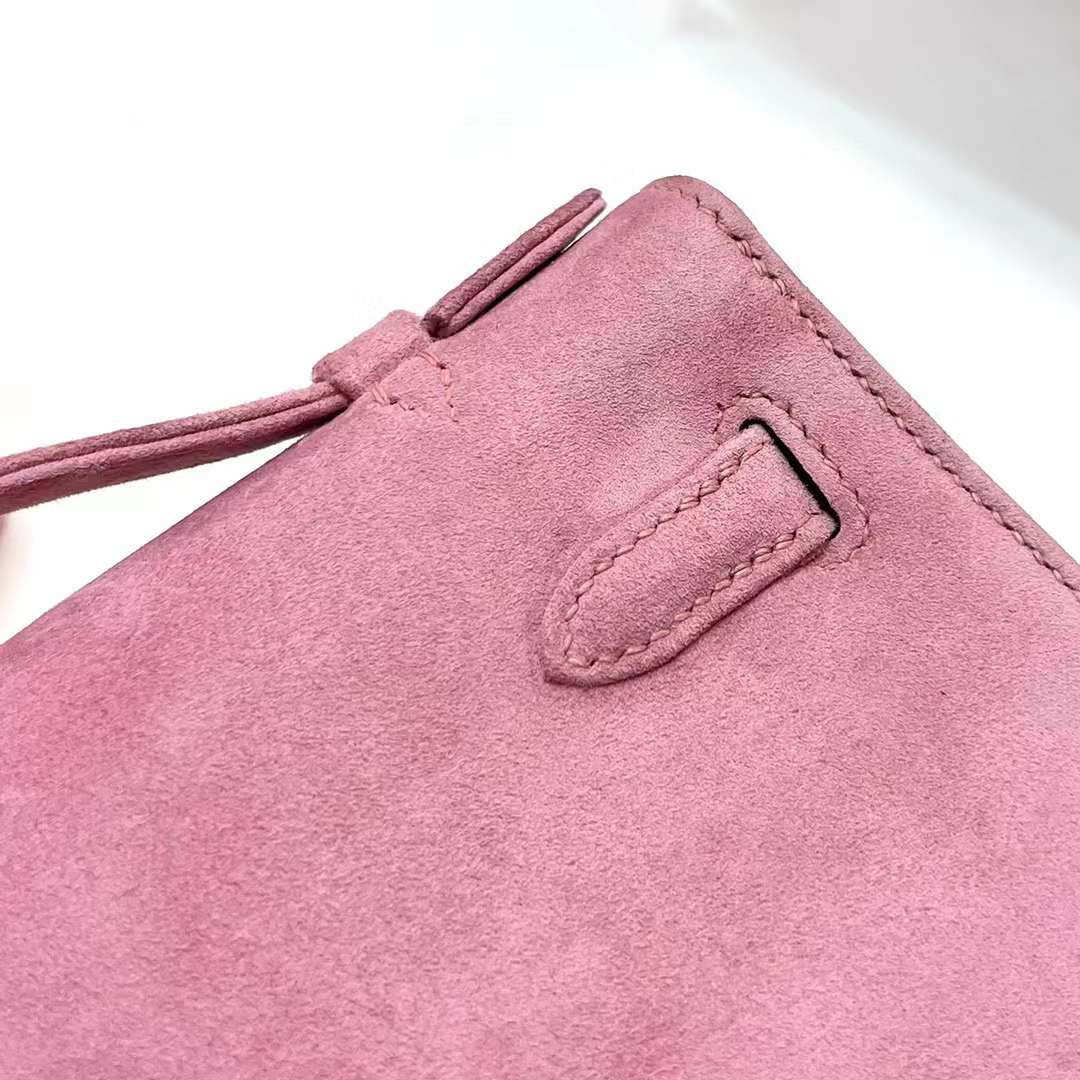 Hermès（爱马仕）Mini Kelly Pochette Suede 进口麂皮 玫瑰粉 银扣 22cm 全手工蜡线缝制 Phw