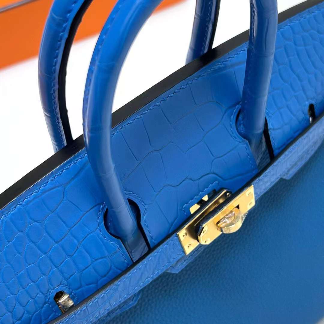 Hermès（爱马仕）Birkin 铂金包 Touch Togo 拼 雾面美洲鳄 坦桑尼亚蓝 金扣 25cm 全手工蜡线缝制