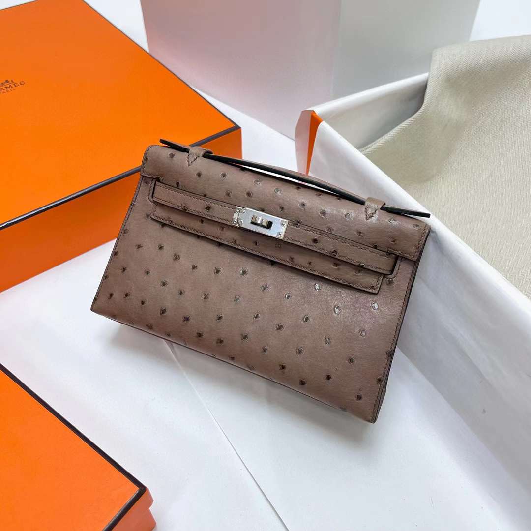 Hermès（爱马仕）Mini Kelly Pochette Ostrich 鸵鸟皮 慕斯灰 银扣 22cm 全手工蜡线缝制 Phw