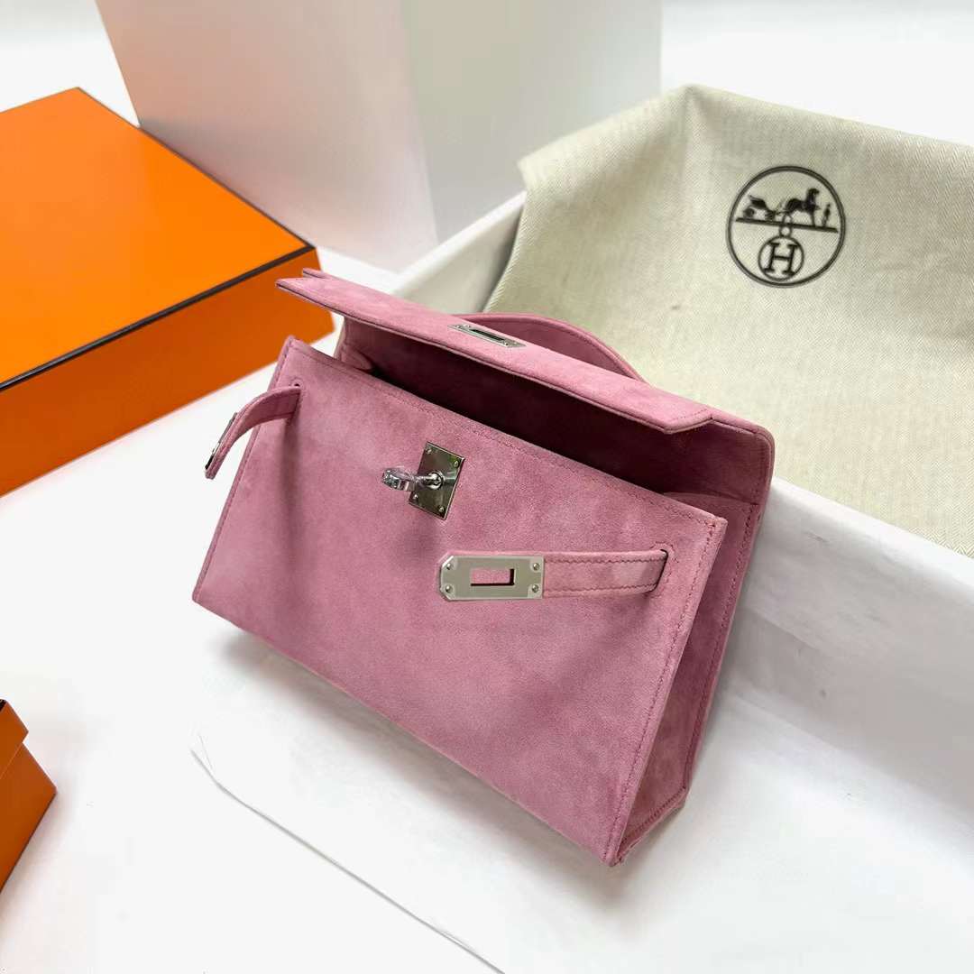 Hermès（爱马仕）Mini Kelly Pochette Suede 进口麂皮 玫瑰粉 银扣 22cm 全手工蜡线缝制 Phw