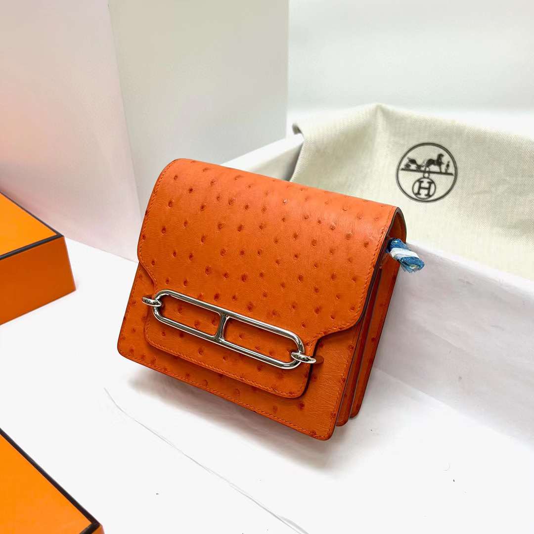 Hermès（爱马仕）Roulis 猪鼻子 Ostrich 进口鸵鸟皮 9J 火焰橙 银扣 18cm 全手工蜡线缝制