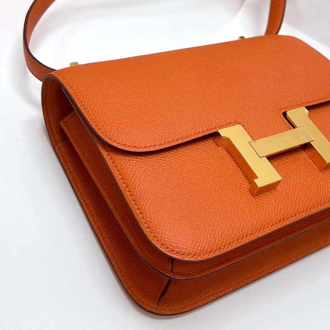 Hermès（爱马仕）Constance 空姐包 Epsom Ck93 橙色 金扣 19cm 全手工蜡线缝制 Ghw