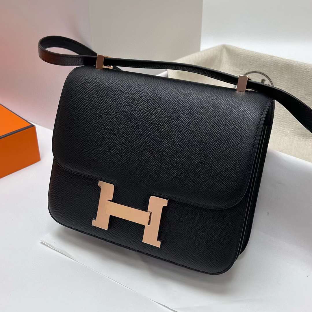 Hermès（爱马仕）Constance 空姐包 Epsom Ck89 黑色 玫瑰金扣 24cm 全手工蜡线缝制 RGhw