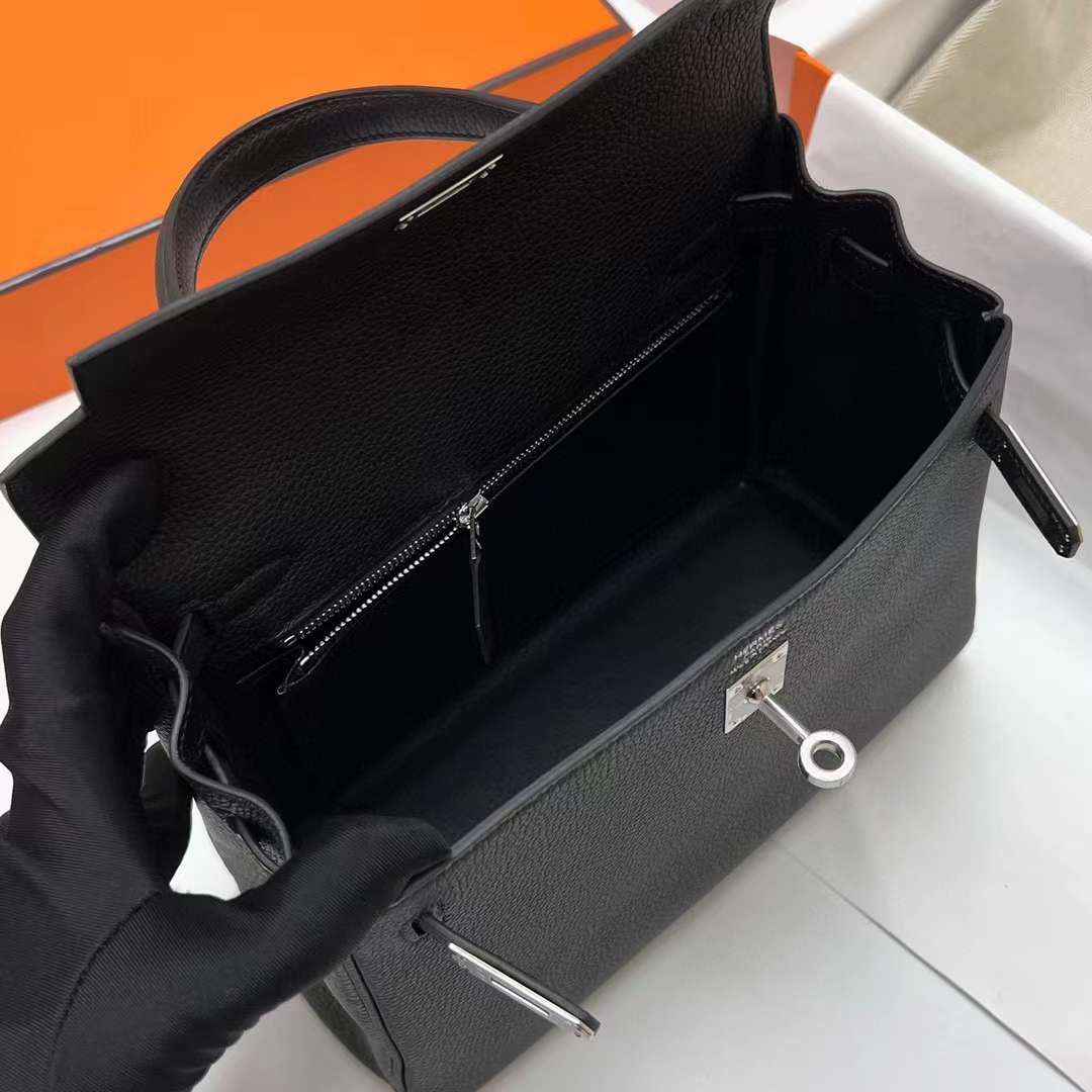 Hermès（爱马仕）Kelly 凯莉包 Togo皮 Ck89 黑色 银扣 25cm 全手工蜡线缝制 Phw