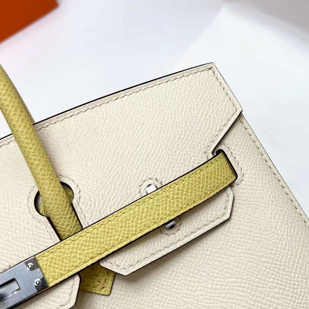 Hermès（爱马仕）Birkin 铂金包 Sellier Epsom I2 奶油白 拼 1Z 小鸡黄 银扣 25cm 全手工蜡线缝制