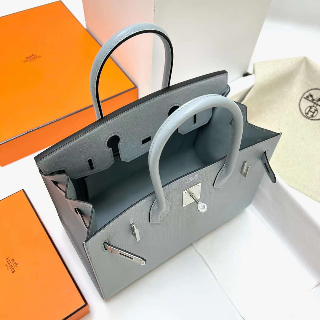 Hermès（爱马仕）Birkin 铂金包 Chevre 山羊皮 8U 冰川蓝 银扣 30cm 全手工蜡线缝制 Phw