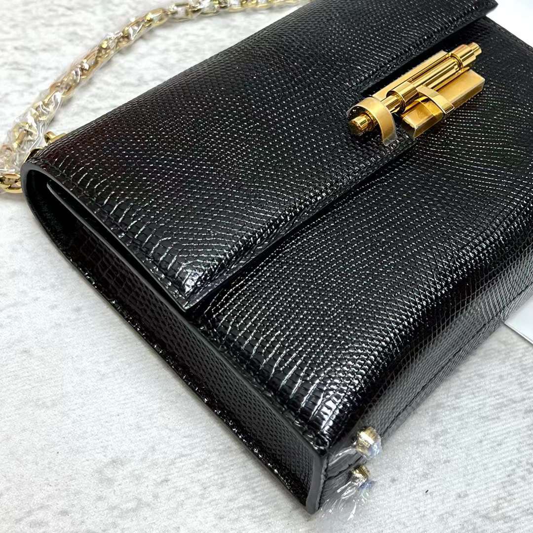 Hermès（爱马仕）Verrou 机枪包 Lizard 进口蜥蜴皮 Ck89 黑色 金扣 17.5cm 全手工蜡线缝制 Ghw