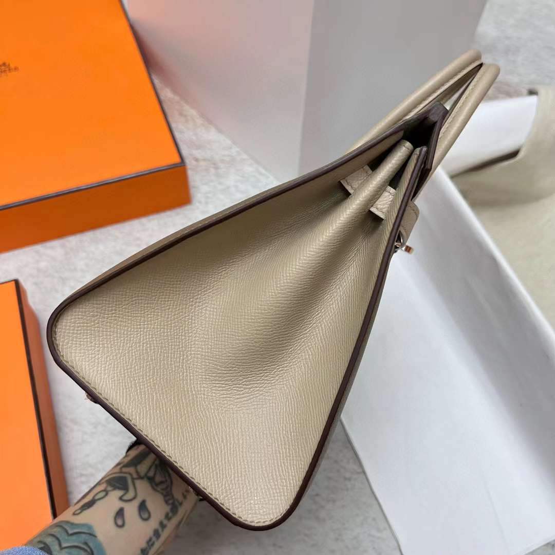 Hermès（爱马仕）Birkin 铂金包 Sellier Epsom Ck18 大象灰 拼 S2 风衣灰 玫瑰金扣 25cm 全手工蜡线缝制 Rghw